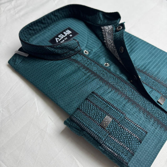 Alloy Textured Cotton Panjabi – Deep Teal