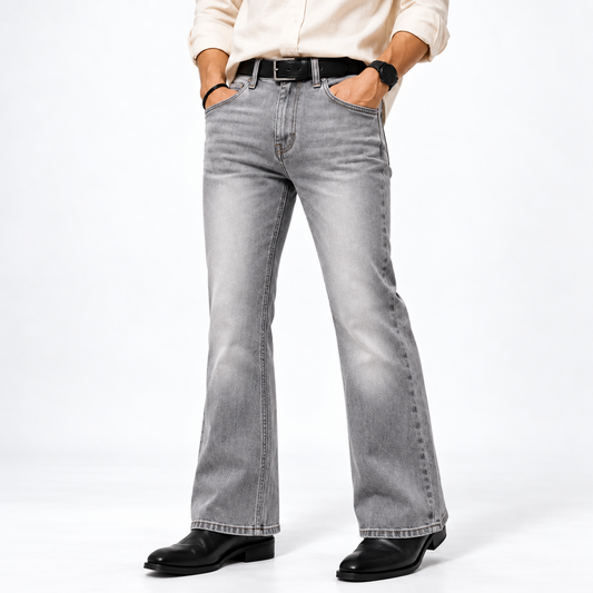 Premium Bootcut Ash on model, white studio background