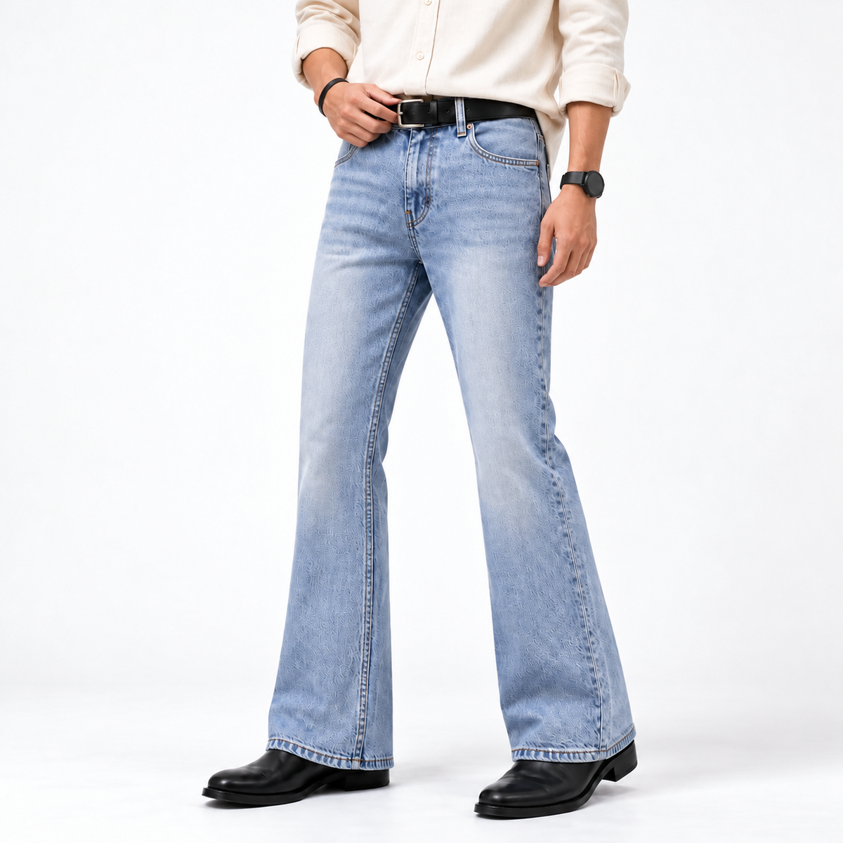 Premium Bootcut Light Blue on model, white studio background