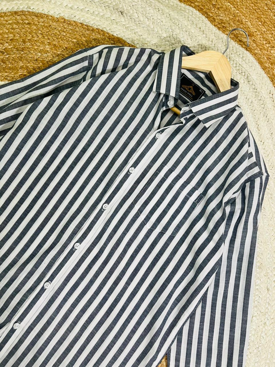 Classic Grey & White Striped Casual Shirt for Men