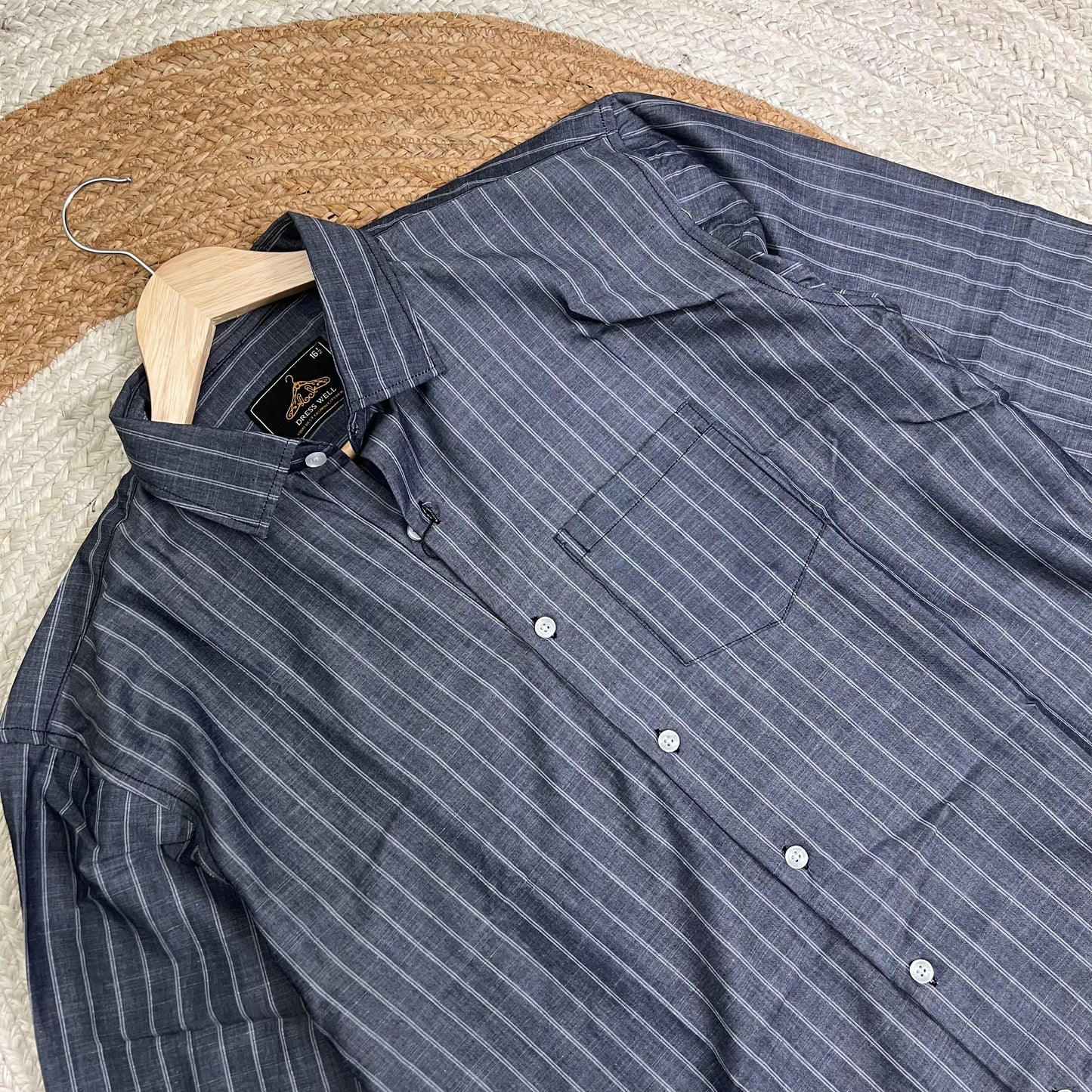 Men’s Classic Grey Pinstripe Cotton Shirt – Smart Casual